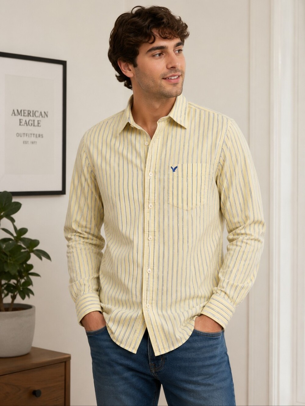 American Eagle Outfitters Men's Yellow Stripe Button-Down Shirt with Navy Accent
